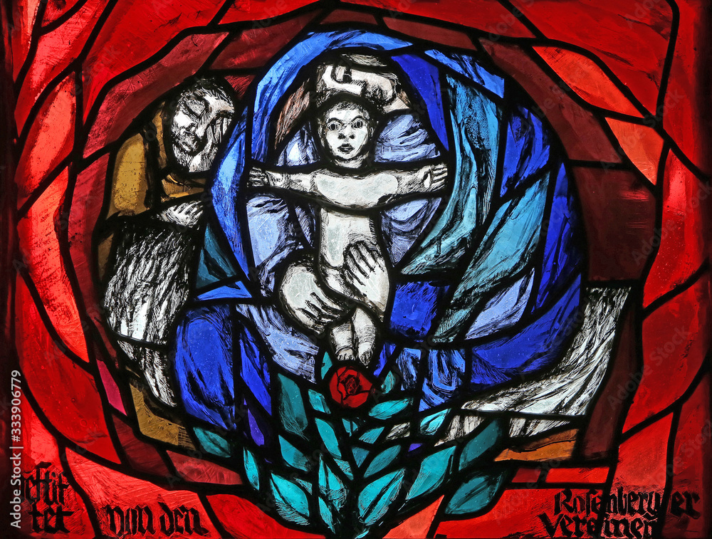 Birth of Jesus, Christmas, detail of stained glass window by Sieger Koder in St. James church in Hohenberg, Germany