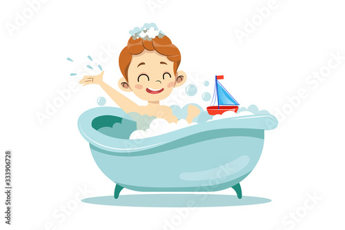 Concept Of Personal Hygiene Procedures. Happy Cheerful Boy Is Taking A Bath. Kid Is Relaxing And Playing With Toy Boat In Bathtub With Lots Of Foam And Soap Bubbles. Cartoon Flat Vector Illustration