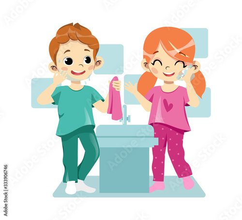 Concept Of Personal Hygiene Procedures. Happy Cheerful Children Are Washing In The Bathroom. Portrait of Beautiful Kids Washing Their Faces Splashing Water. Cartoon Flat Style. Vector Illustration photo