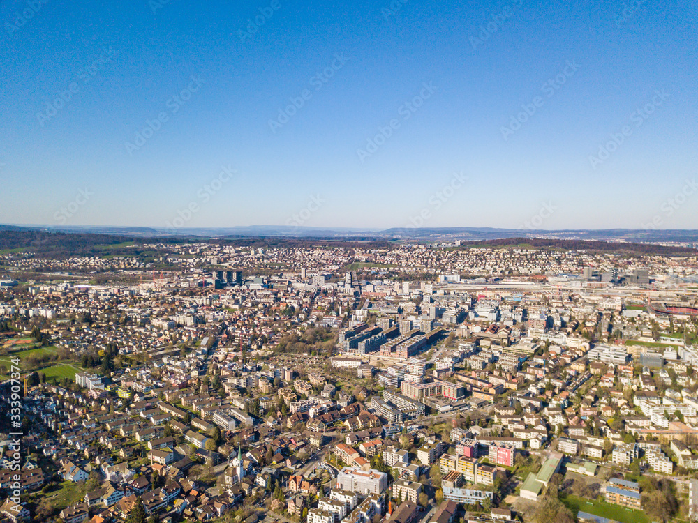 Aerial view of dense populated cityscape of city of Zurich in Switzerland.