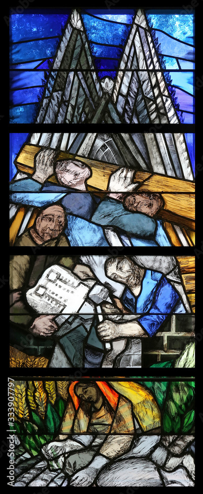 To live and work, stained glass window by Sieger Koder in St. James church in Hohenberg, Germany