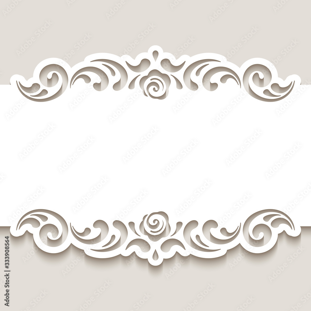 Cutout paper frame with swirly lace borders. Belly band decoration. Vintage template for laser cutting. Elegant ornament for wedding invitation card design