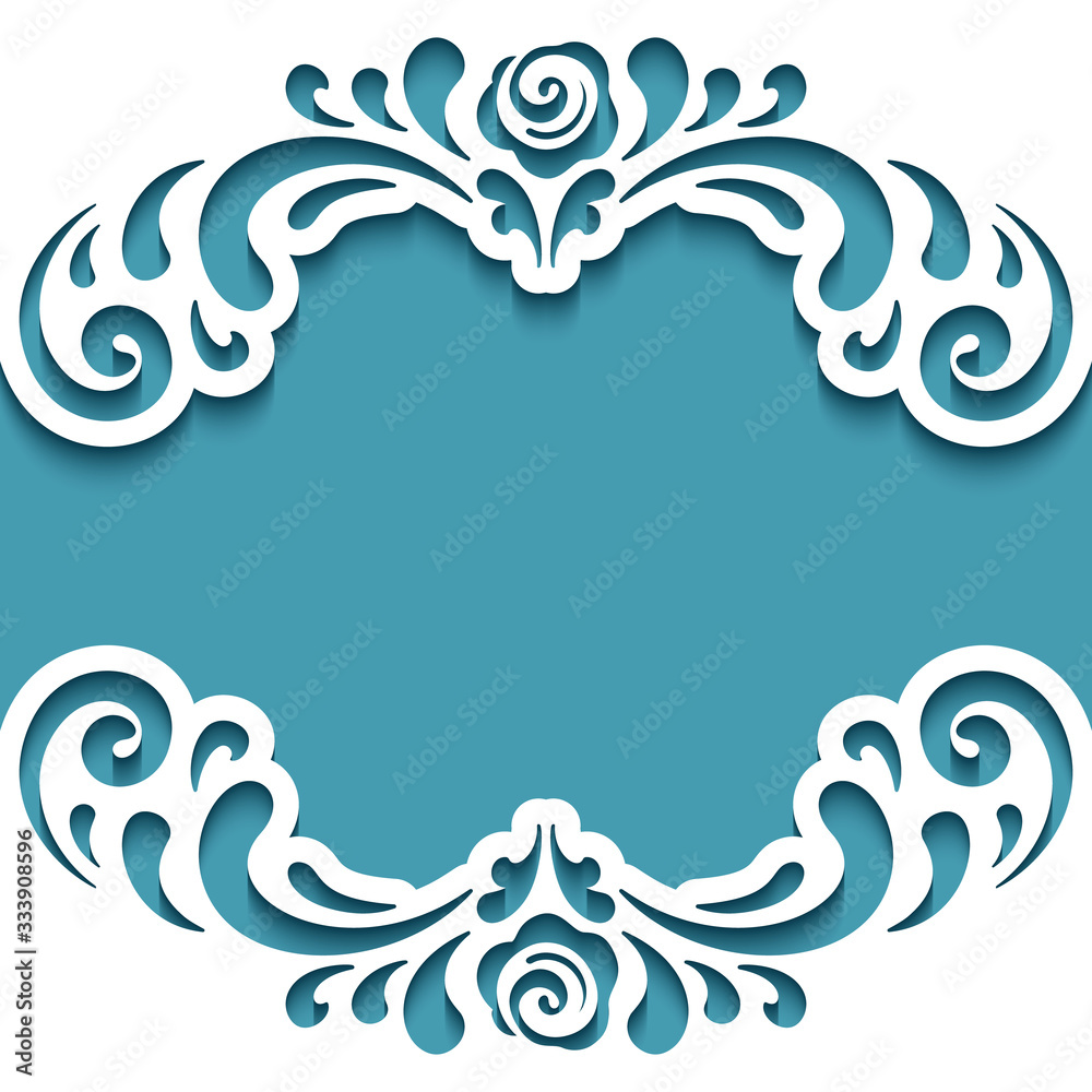 Cutout paper frame with lace border pattern. Swirly template for laser cutting. Elegant wedding invitation card design with curly floral decoration. Cutout paper frame with lace border pattern. Swirly template for laser cutting. Elegant wedding invitation card design with curly floral decoration.