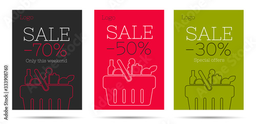 Set of flyers or posters for grocery store with market shopping basket full of food, simple mordern line graphic with percentage discount sale