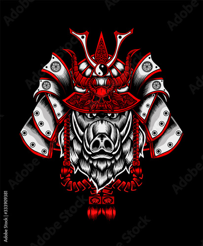 Wild boar's head with samurai helmet on black background-vector