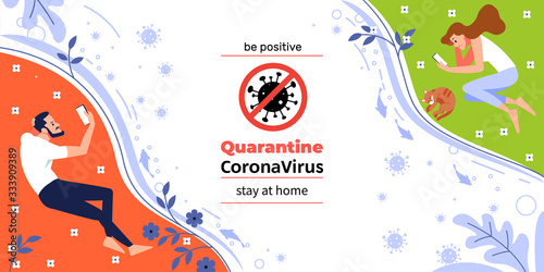 Stay at home. Coronavirus or Covid-19 quarantine. Poster. Online communication via the Internet. I stay at home social media campaign for coronavirus prevention. Cartoon, flat vector illustration