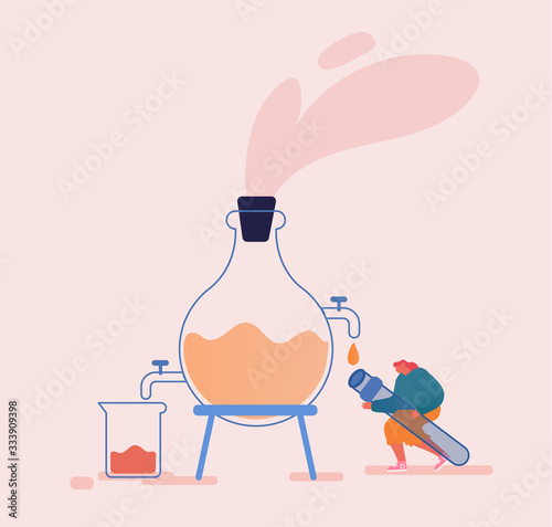 Tiny Female Character Distilling Liquid in Apparatus for Essential Oil Extraction in Lab. Herbal Aroma Therapy Cosmetic Perfumery Production, Floral Toilet Water Fragrance. Cartoon Vector Illustration