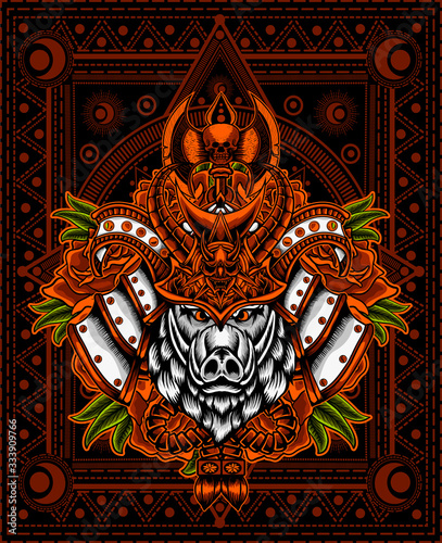 Wild boar's head with samurai helmet on black background-vector