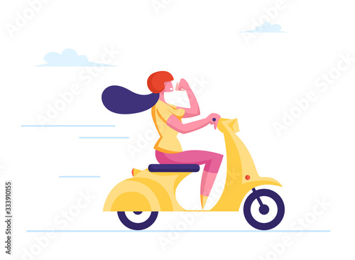 Cheerful Businesswoman Character Wearing Protective Helmet Riding Moped and Drinking Coffee. Woman Office Worker Using Scooter Eco Transport Vehicle for Moving at Work. Cartoon Vector Illustration