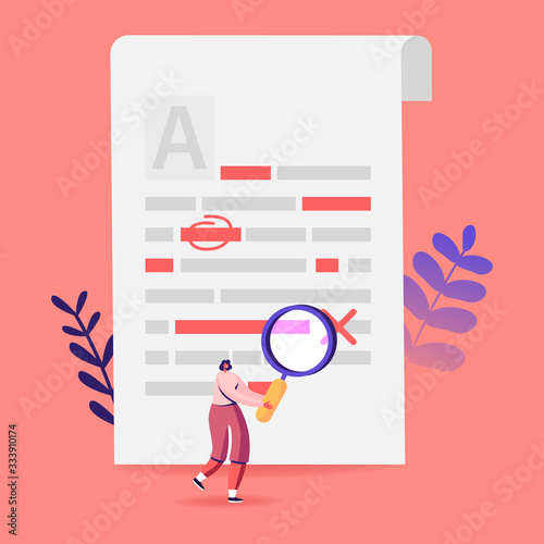 Female Character with Huge Magnifying Glass Edit and Correct Mistakes in Paper Test in School or College. Teacher or Student Fix Grammar and Punctuation Underlined Errors. Cartoon Vector Illustration