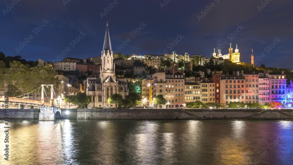 France Lyon skyline at night time lapse video church river and bridge. France Lyon skyline at night time lapse video church river and bridge.