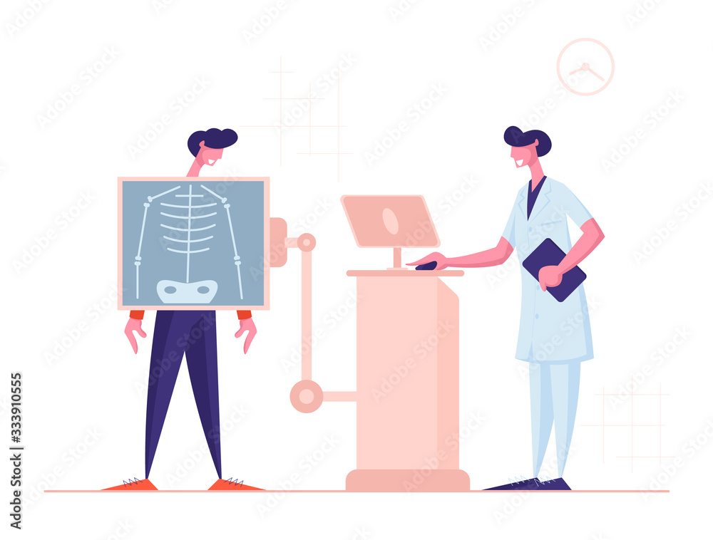 X-ray Medical Diagnostics Bones Skeleton Checkup. Radiology Body Scanner Equipment for Patient Disease. Doctor Character Research Chest Scan Image for Diagnosis. Cartoon People Vector Illustration