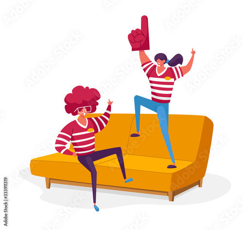 Home Fun Party Friends Characters Company Spending Time Together Watching Football on Tv. Man and Woman Sport Fans Weekend Leisure, Spare Time, Friendship Relations. Cartoon People Vector Illustration