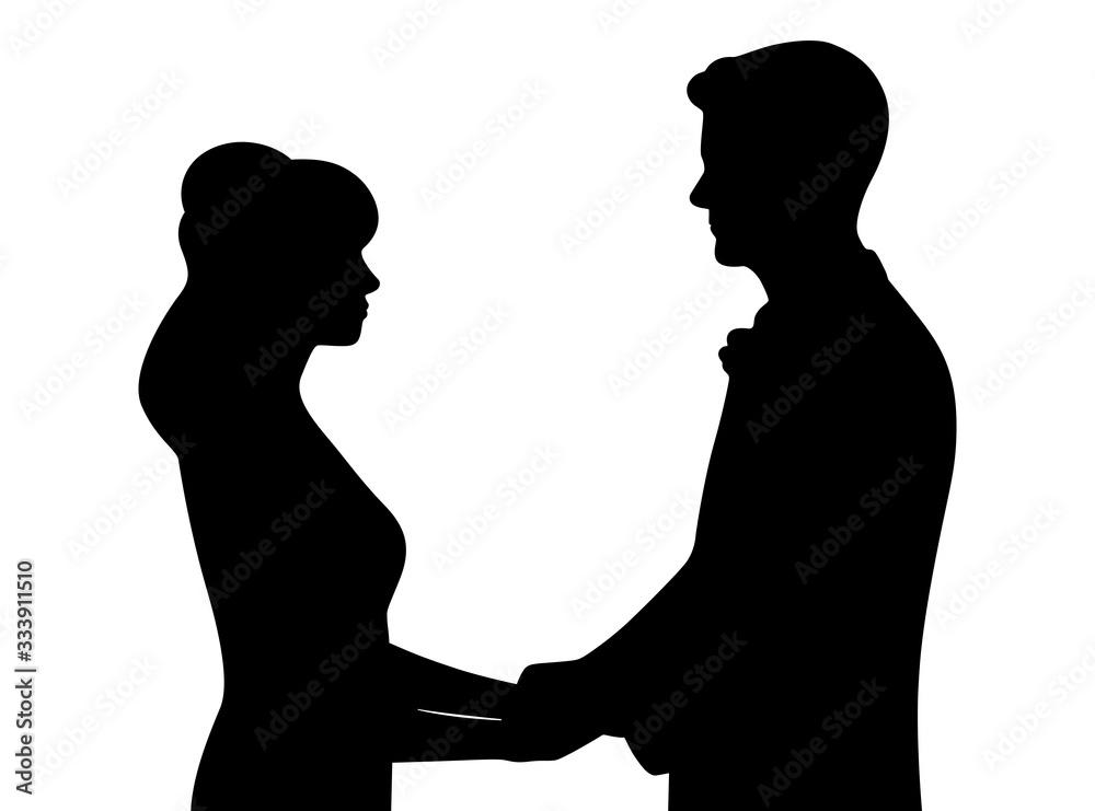 Bride and groom holding hands during wedding ceremony. Black and white silhouette.