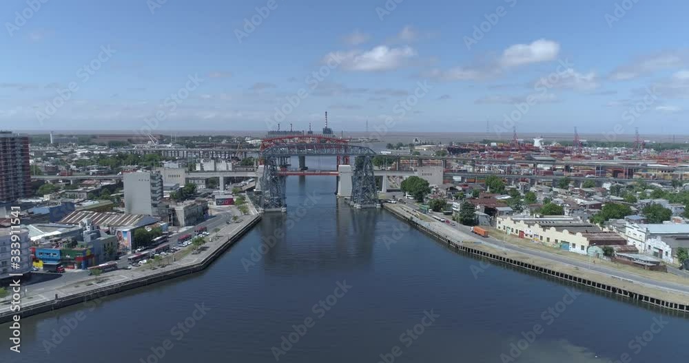 Aerial scene with drone zooming in from bridge Nicolás Avellaneda in Buenos Aires Argentina. Aerial scene with drone zooming in from bridge Nicolás Avellaneda in Buenos Aires Argentina.