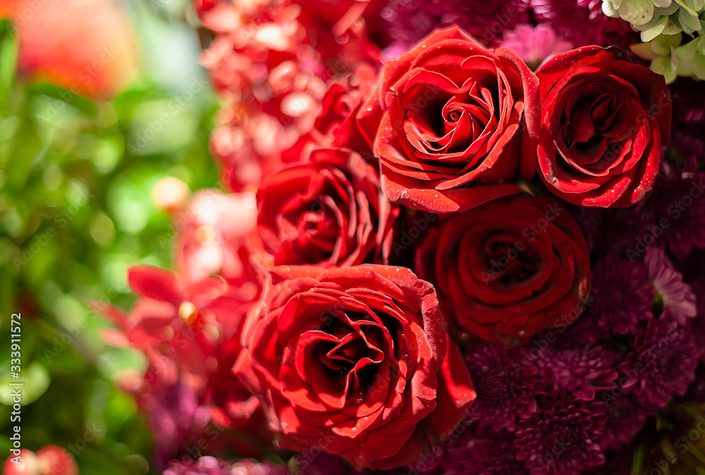 Bouquet of fresh roses, flower bright background.