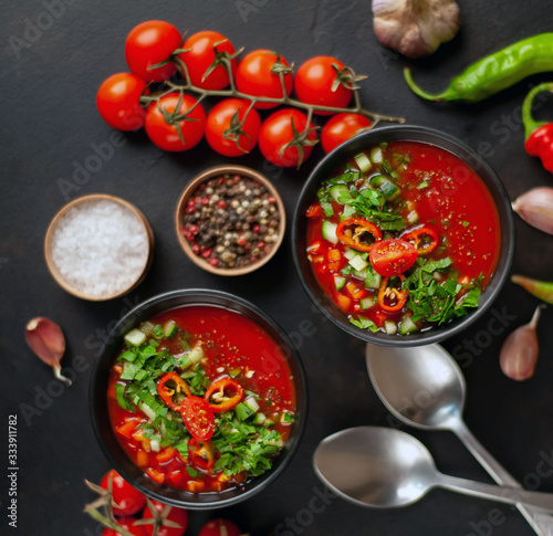  Traditional spanish cold gazpacho tomato soup on stone background