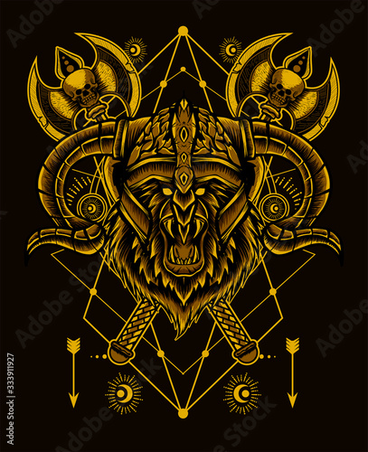 illustration vector bear head with viking helmet on black background.