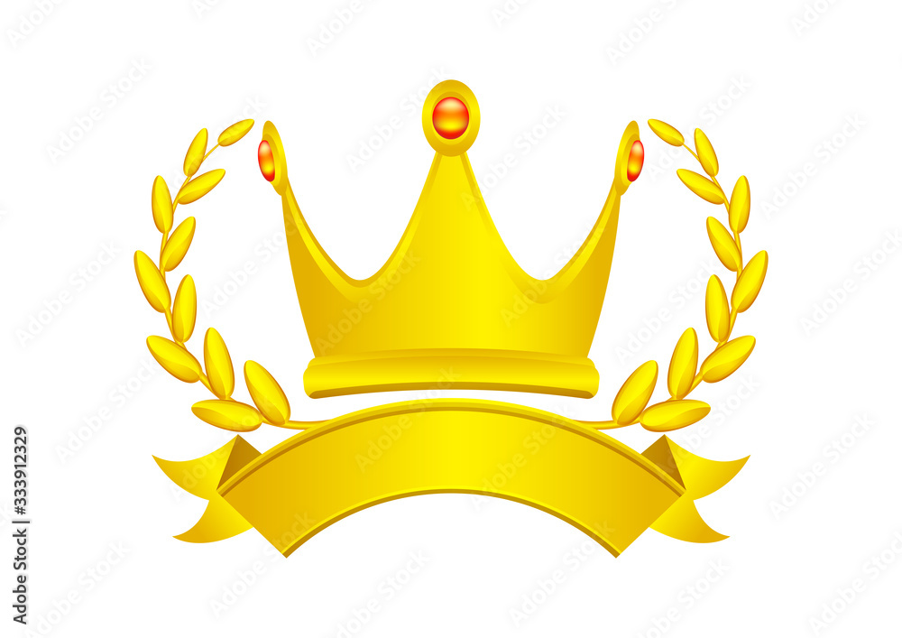 golden crown with laurel wreath and ribbon isolated on white, circle ...