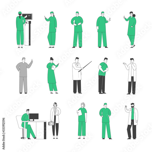 Set Hospital Staff Doctors in Medical Robe with Stethoscope, Surgeon Characters in Uniform, Nurses with Ultrasound Machine in Clinic. Medicine Profession Occupation. Linear People Vector Illustration