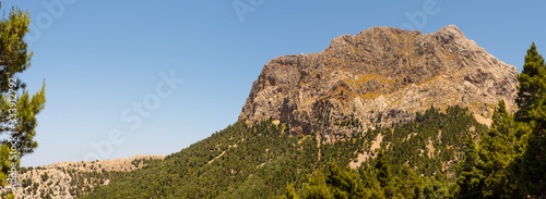 Scenic panoramic landscape with view on mountain. Beautiful nature. Theme of travel, hiking and outdoor recreation. Majorca Island, Spain