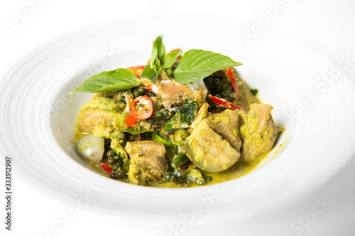 green curry chicken thai food called "Kang Kheiyw hwan" traditional thai herb