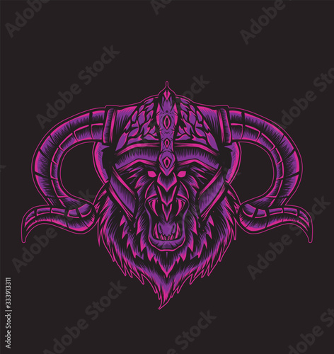 illustration vector bear head with viking helmet on black background.