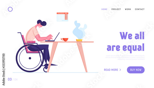 Disabled Online Income Landing Page Template. Man Sit on Wheelchair Working on Laptop. Handicapped Male Character Freelance Worker Earning Money in Internet, Distant Job. Cartoon Vector Illustration