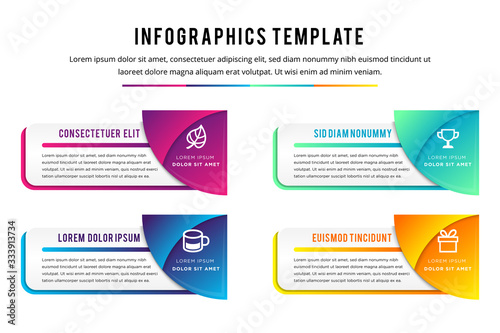 combination quarter circle concepts with icons. can use for infographics with purple, blue, green, white and orange gradient. Four step of loop business report or plan. modern education template. photo