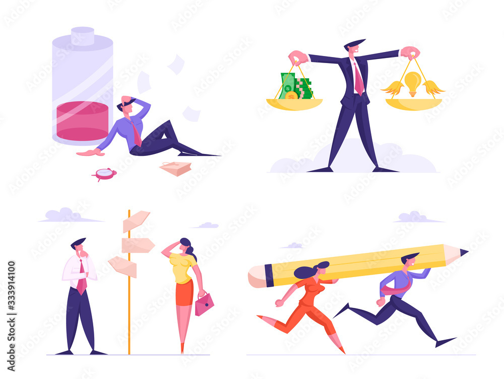 Set Business People Characters Race with Huge Pencil, Stand on Crossroad with Pointers. Man with Scales Weigh Money and Idea, Exhausted Businessman with Low Battery Level. Cartoon Vector Illustration