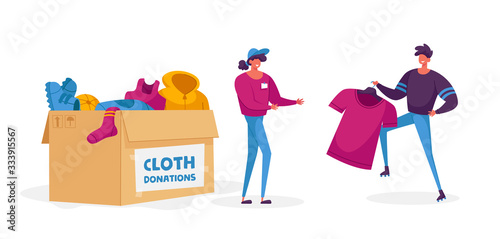 Young Man and Woman Characters Teamwork. Caring Altruistic Volunteers Collecting Clothes to Carton Box for Donation to Poor Homeless People in Complicated Life Situation. Cartoon Vector Illustration