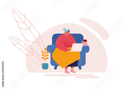 Happy Senior Lady with White Hair and Eyeglasses Sitting on Couch with Laptop Watching Movie or Communicate in Social Media Network. Elderly Woman Character with Device. Cartoon Vector Illustration