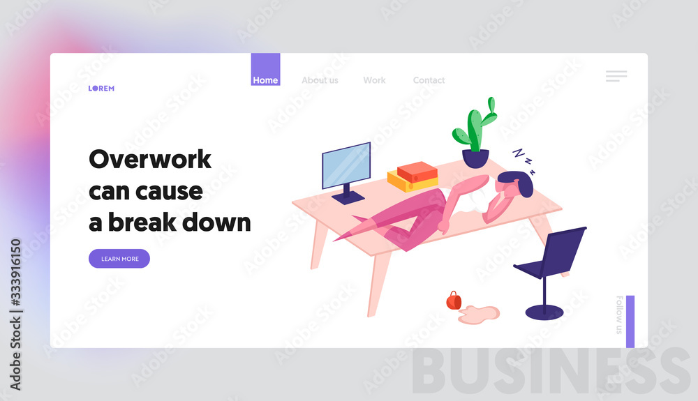 Overwork Burnout, Tiredness Fatigue Landing Page Template. Tired Overload Businesswoman Character with Low Life Energy Sleep on Office Desk with Spilled Coffee on Floor. Cartoon Vector Illustration