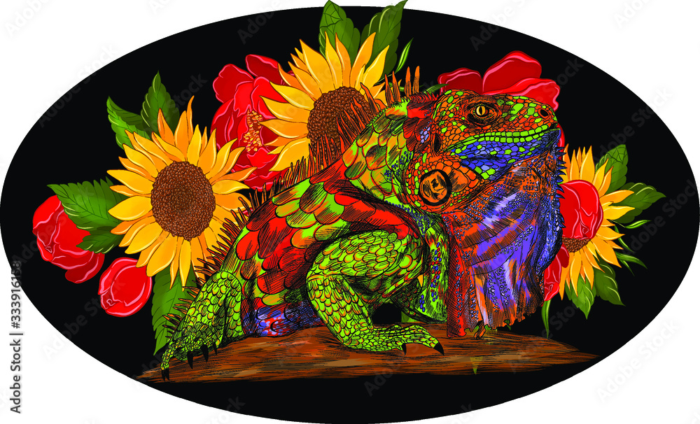 Fototapeta premium iguana reptile multicolored abstraction green orange blue composition and flowers on a background of bright sunflowers roses red details barcode graphic black background vector illustration