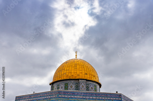 The upper part of the Dome of the Rock mosque on the Temple Mount in the Old Town of Jerusalem in Israel