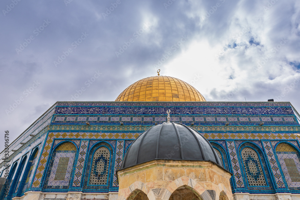 The Dome of the Prophet and the Dome of the Rock mosque on the Temple Mount in the Old Town of Jerusalem in Israel