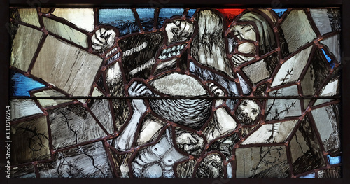 Resurrection, God gives people new life, detail of stained glass window by Sieger Koder in church of Saint John in Piflas, Germany
