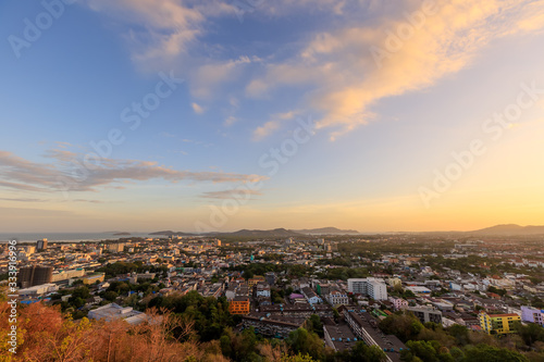 Phuket city aerial scenic view from Khao Rang Hill Park, during sunset twilight
