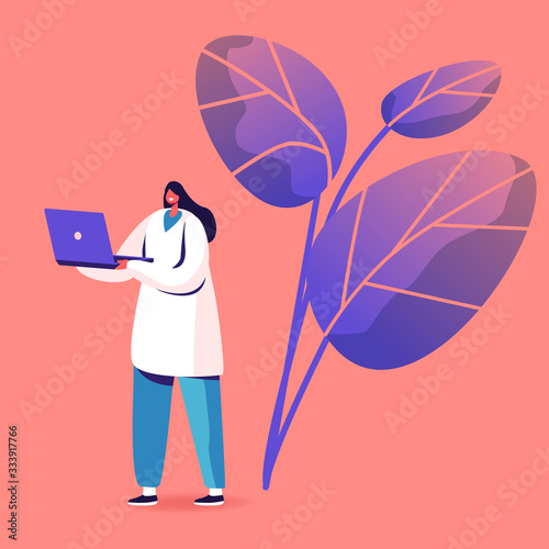 Female Doctor Character Gastroenterologist Wear Medical Robe Holding Laptop Stand in Clinic Chamber. Hospital Healthcare Staff at Work. Medicine Profession, Occupation. Cartoon Vector Illustration