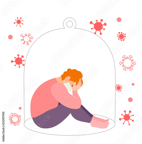 Quarantined woman sits alone under a hood and is sad. Isolation during the corona virus epidemic. Man is scared afraid to get infected. Vector illustration on the theme of coronavirus and quarantine.