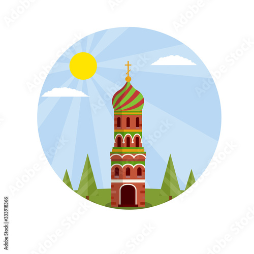 Orthodox Church on green landscape. Eastern religious temple with bell tower, dome in summer season. Monastery and Cathedral. Cartoon flat illustration. Prayer and Christian Greek and Russian faith