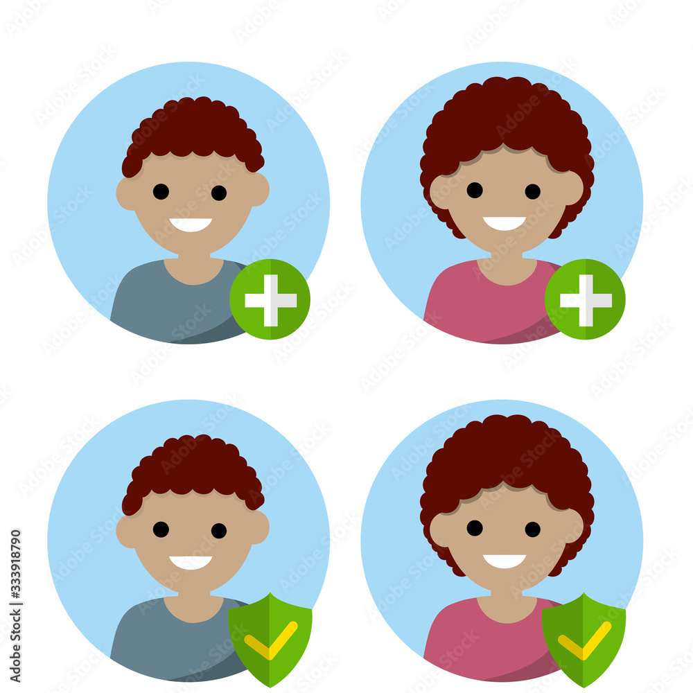 Set of avatars young student. Icon green medical cross and shield protection. Man and woman. Health and hospital. Cartoon flat illustration. Social network. Cute african character. Boy and girl Set of avatars young student. Icon green medical cross and shield protection. Man and woman. Health and hospital. Cartoon flat illustration. Social network. Cute african character. Boy and girl