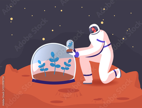 Male Astronaut Character in Space Suit Planting Green Sprout to Soil under Glass Dome on Red Planet Surface. Mars Colonization, Universe, Outer Cosmos Exploration Concept. Cartoon Vector Illustration