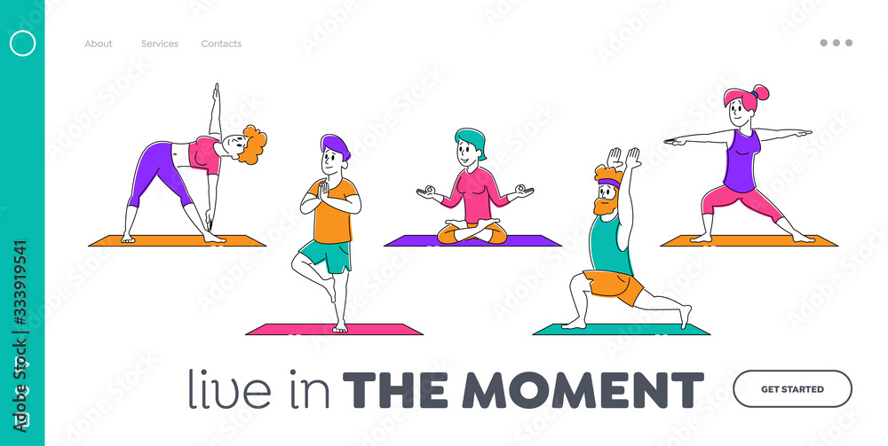 Healthy Lifestyle Landing Page Template. Male and Female Sports Characters Yoga Activity. People Do Sports Exercises Fitness, Workout in Different Poses, Stretching Pilates. Linear Vector Illustration