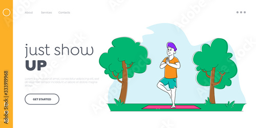 Outdoor Yoga Landing Page Template. Yoga Practice. Character Stand on One Leg Engage Fitness at Park Landscape. Aerobics Healthy Sport Lifestyle, Pilates Workout Training. Linear Vector Illustration