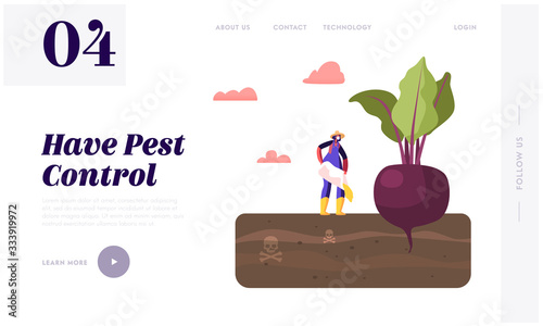 Farming Industry Agribusiness Ecology Pollution Landing Page Template. Female Farmer Character Pour Out Poisonous Fertilizer to Soil with Huge Beetroot Grow in Toxic Land. Cartoon Vector Illustration