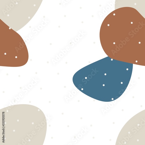 Abstract seamless vector background with simple shapes and dots in natural shades of brown, blue and beige.