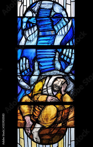 Jacob's dream, stained glass window Chapel at cemetery in Ursberg, Germany photo