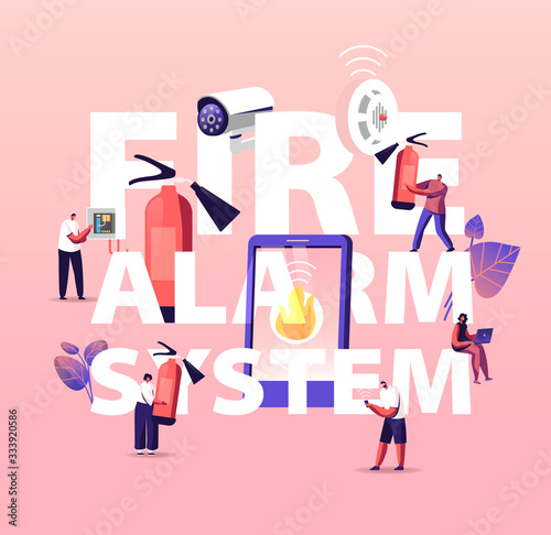 Fire Alarm Safety System Concept. Characters Get Notification from Smartphone of Accident. People with Extinguisher, Electrician Examine Working Draft Poster Banner Flyer. Cartoon Vector Illustration