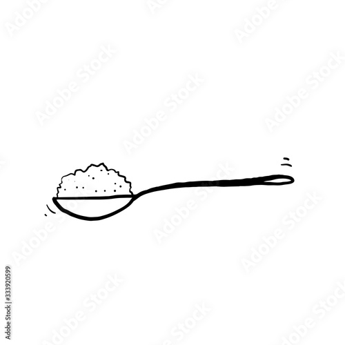 hand drawn Spoon with sugar salt icon. Teaspoon side view powder for tea or coffee.doodle style